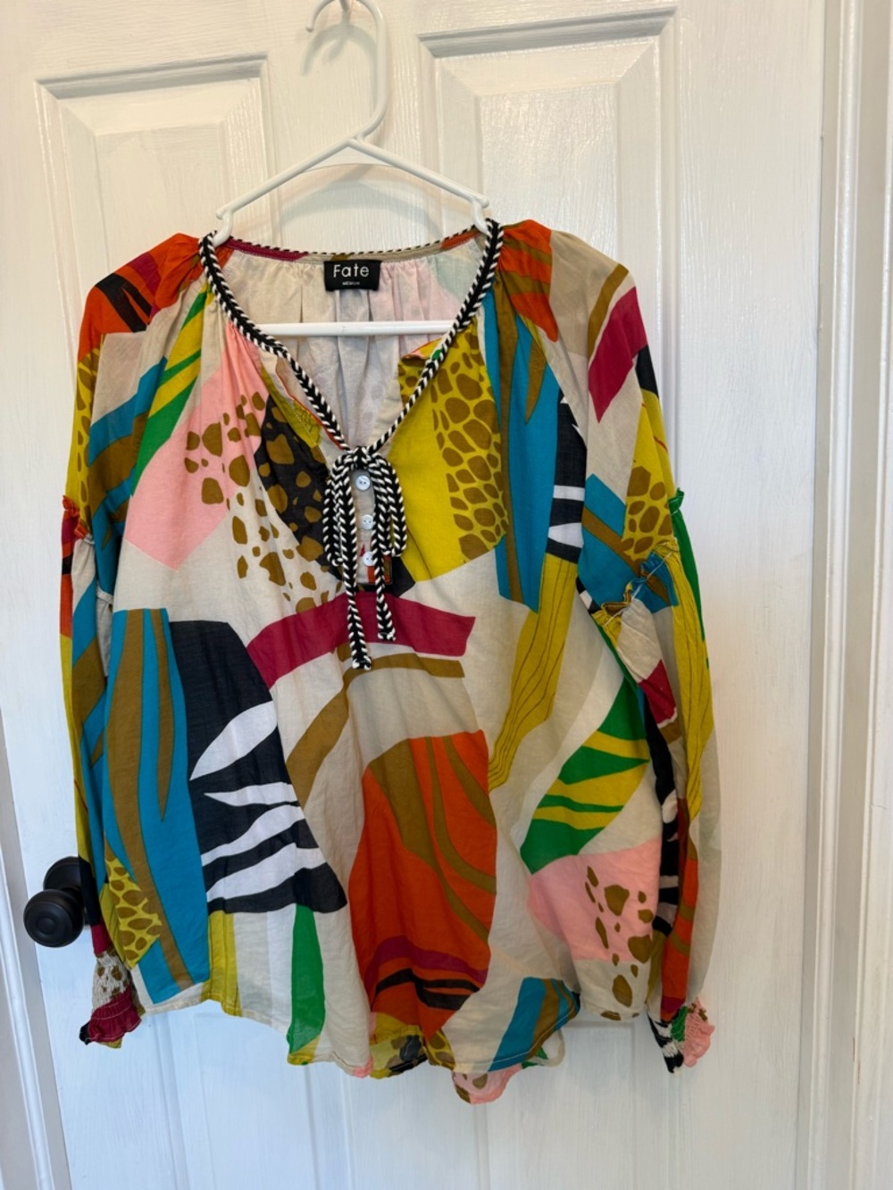 Fate Multicolor Abstract Print Peasant Blouse - Green, Blue, Pink, Yellow